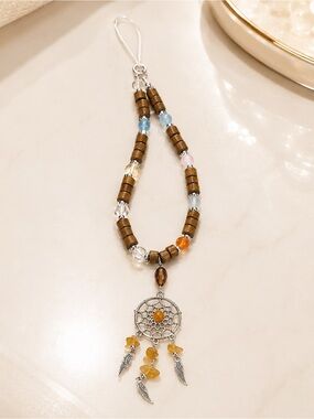 Boho Wood Bead cell charm  with Dreamcatcher Charm - Brown & Amber
